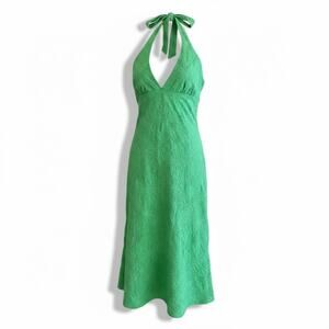 Y2K Vintage Glam Green Embroidered Floral Halter Dress‎ Made in USA Size M